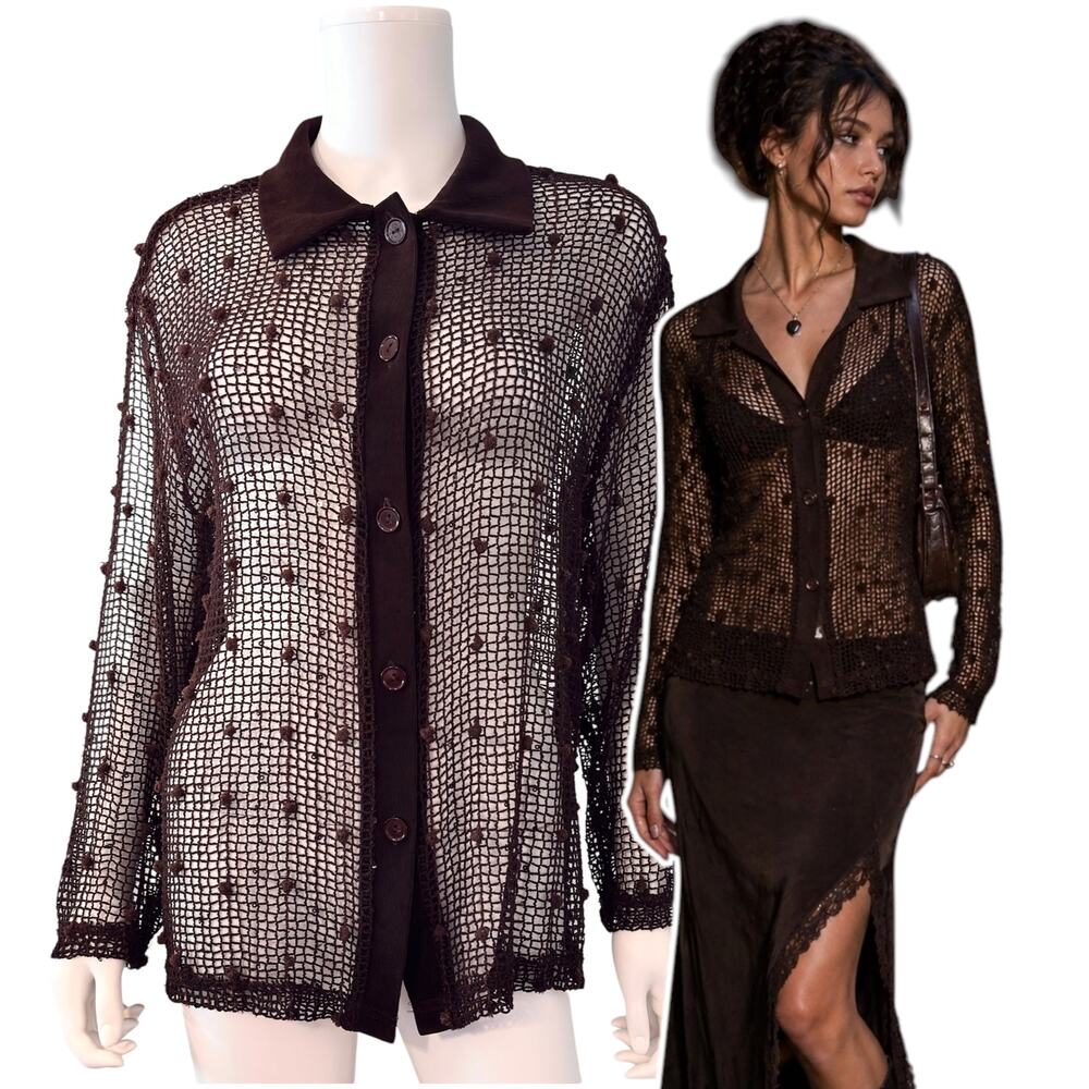 Vintage Vejaiz Designs Brown Fishnet Blouse Size Large Mesh Boho Goth Sheer Mesh